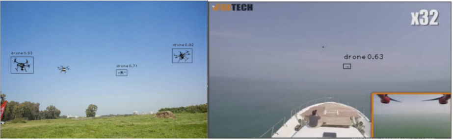 AI-based drone detection — bounding box tracking on land and naval scenes